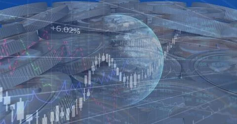 Image of financial data processing over currencies coins Ilustração Stock
