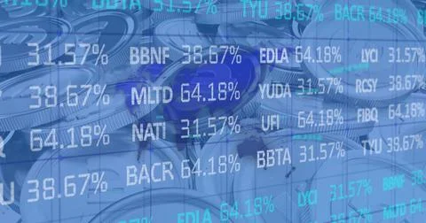 Image of financial data processing over euro currency coins Ilustração Stock