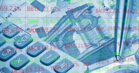 Image of financial data processing over calculator and euro currency bills Ilustração Stock