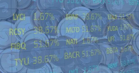 Image of financial data processing over american dollar coins Ilustração Stock