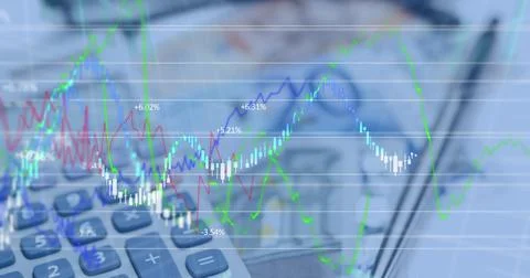 Image of financial data processing over calculator and euro currency bills Ilustração Stock
