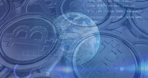 Image of financial data processing over bitcoins and globe Stock Illustration