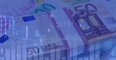 Image of financial data processing over euro currency banknotes Ilustração Stock