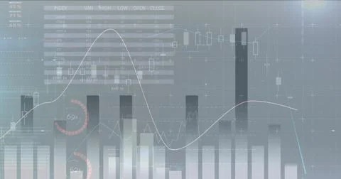 Image of financial data processing over businessman grey background Illustrazione stock