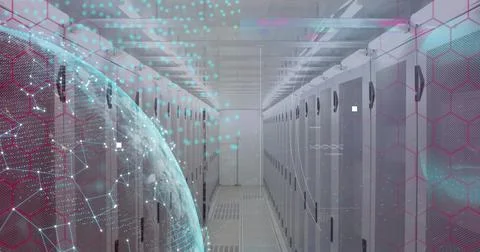 Image of financial data processing over server room Stock Illustration