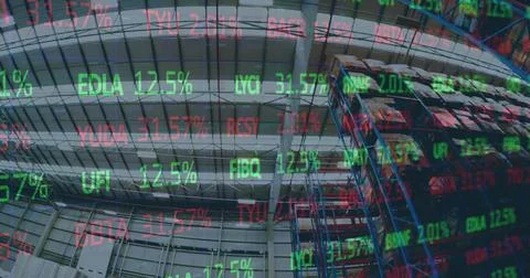 Image of financial data processing over warehouse Illustrazione stock