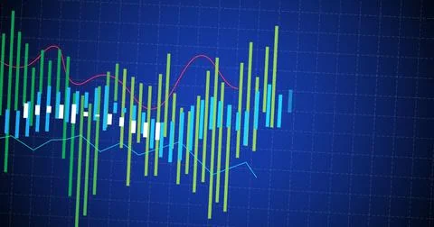 Image of financial data processing over grid on blue background Stock Illustration