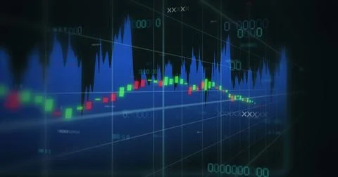 Image of financial data processing over grid on black background Stock Illustration