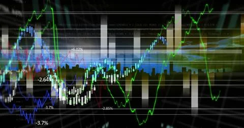 Image of financial data processing over cityscape Stock Illustration
