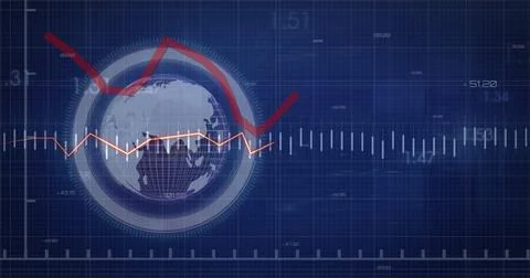 Image of financial data processing over globe on black background Illustrazione stock