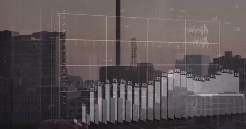 Image of financial data processing over cityscape Stock Illustration
