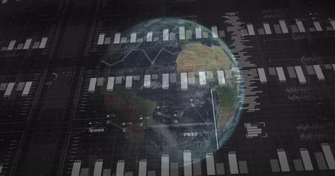 Image of financial data processing over globe on black background Illustrazione stock