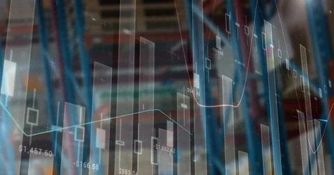 Image of financial data processing over empty warehouse Illustrazione stock