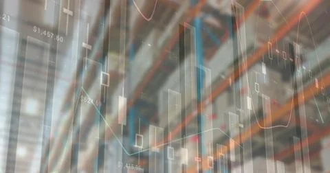 Image of financial data processing over empty warehouse Illustrazione stock