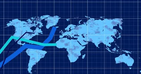 Image of financial data processing over world map on blue background Illustrazione stock