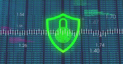 Image of financial data processing over padlock icon on black background Stock Illustration