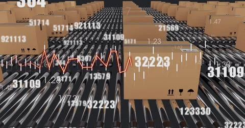 Image of financial data processing over boxes on conveyor belts Ilustração Stock