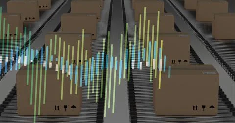 Image of financial data processing over boxes on conveyor belts Ilustração Stock