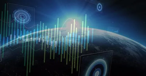 Image of financial data processing over globe on black background Stockillustratie