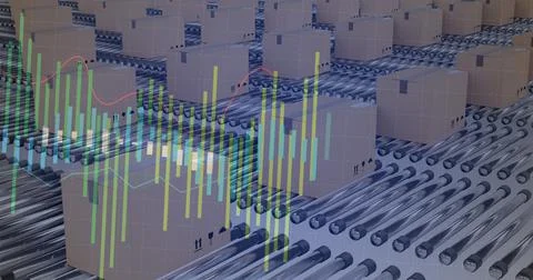 Image of financial data processing over boxes on conveyor belts Ilustração Stock