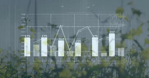 Image of financial data processing over wind turbines and landscape 库存插图