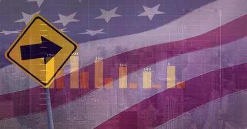 Image of financial data processing over road sign, flag of usa and cityscape Ilustração Stock