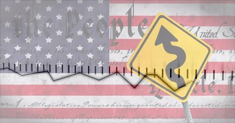 Image of financial data processing over road sign and flag of usa Ilustração Stock