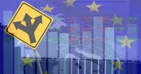 Image of financial data processing over road sign and flag of eu Ilustração Stock