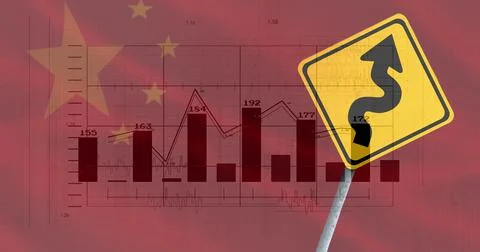 Image of financial data processing over road sign and flag of china Ilustração Stock