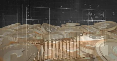 Image of financial data processing over dollar coins on black background Ilustração Stock