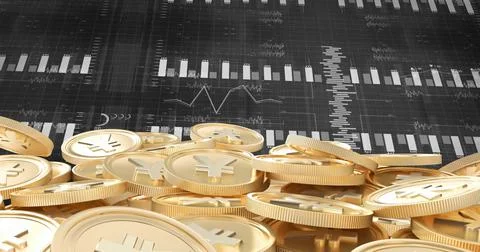 Image of financial data processing over yen coins on black background Stockillustratie