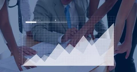 Image of financial data processing over diverse group of business people 스톡 일러스트