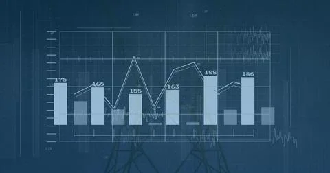 Image of financial data processing over electricity pylons and landscape Stock Illustration
