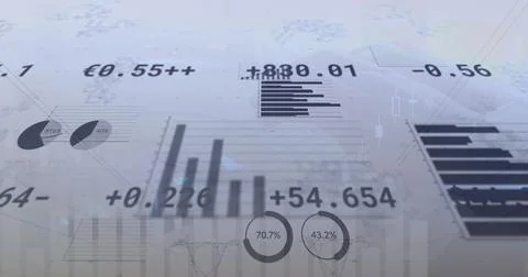 Image of financial data processing over caucasian man typing on keyword and Illustrazione stock