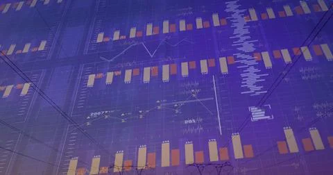 Image of financial data processing over electricity pylons and landscape Stock Illustration