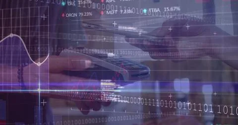 Image of financial data processing over diverse people paying with smartphone 스톡 일러스트