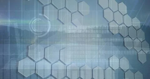 Image of financial data processing over shapes and landscape Illustrazione stock