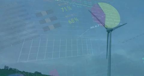 Image of financial data processing over wind turbine Stock Illustration