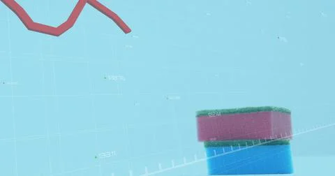 Image of financial data processing over kitchen sponges on blue background Illustrazione stock