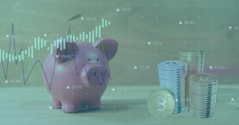 Image of financial data processing over money and bank pig Stockillustratie