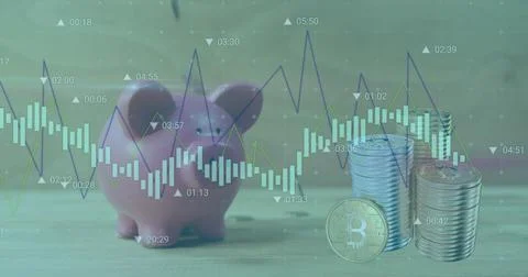 Image of financial data processing over money and bank pig Ilustração Stock