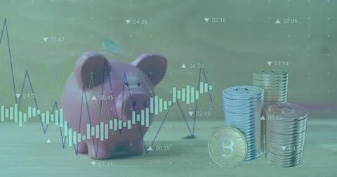 Image of financial data processing over money and bank pig Ilustração Stock