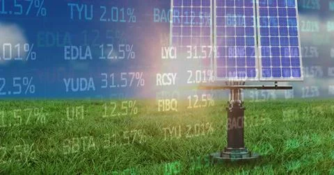 Image of financial data processing over solar panels in green field Illustrazione stock