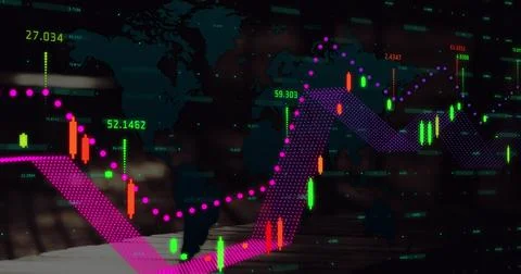 Image of financial data processing over world map against low section of people Stock Illustration