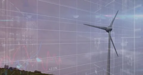Image of financial data processing over electric windmill Illustrazione stock