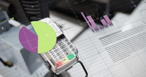 Image of financial data processing over payment terminal 库存插图