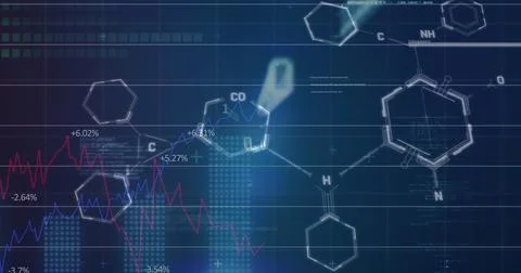 Image of financial data processing over chemical structures Illustrazione stock