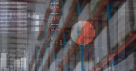Image of financial data processing over empty warehouse Illustrazione stock