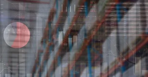 Image of financial data processing over empty warehouse Illustrazione stock