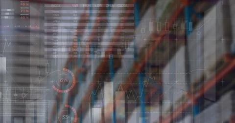 Image of financial data processing over empty warehouse Stock Illustration